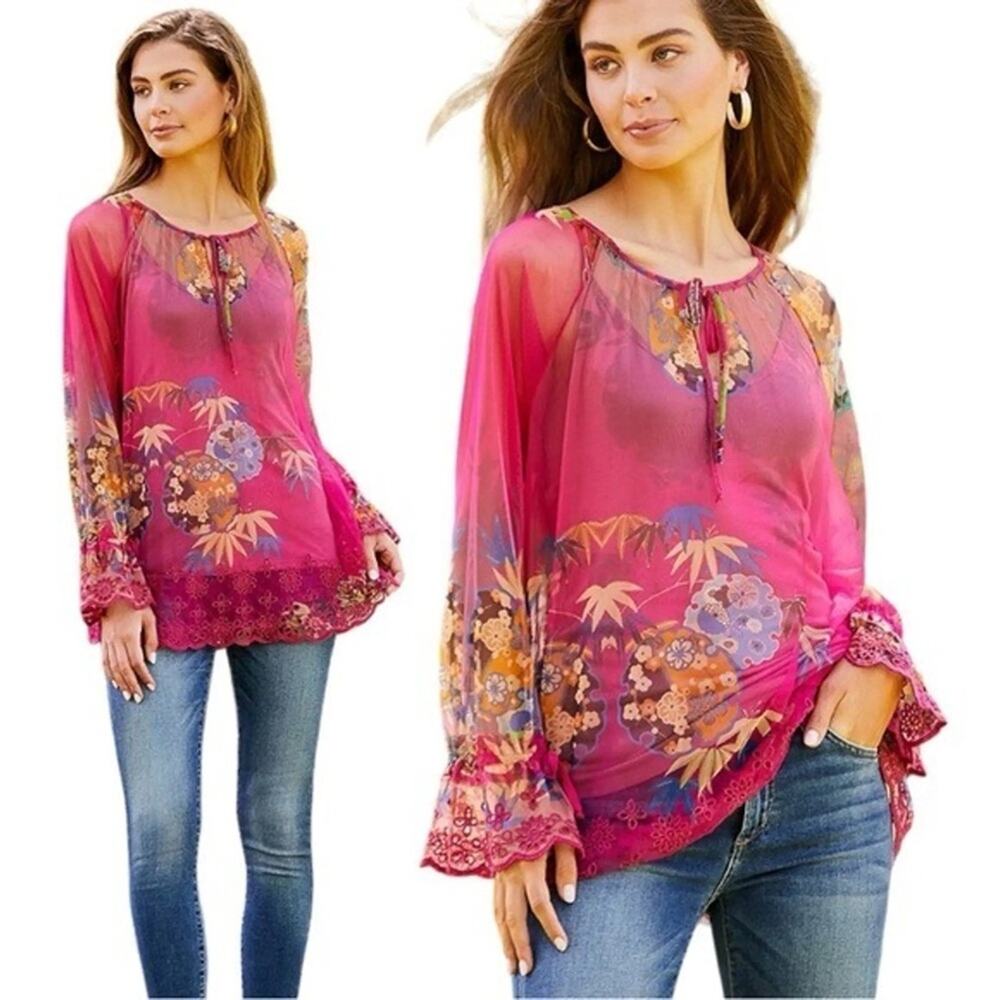 JOHNNY WAS Mazzy Floral Print Contrast Embroidered Mesh V-Neck Blouse XL